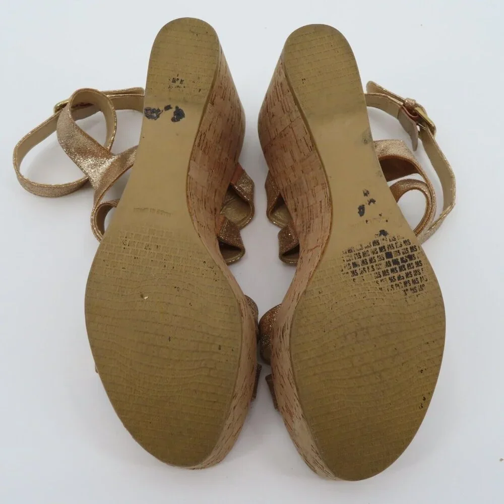 Stuart Weitzman Women 9M Gold Glitter Cork Platform Wedge Sandals Strappy Shoes - Picture 11 of 13